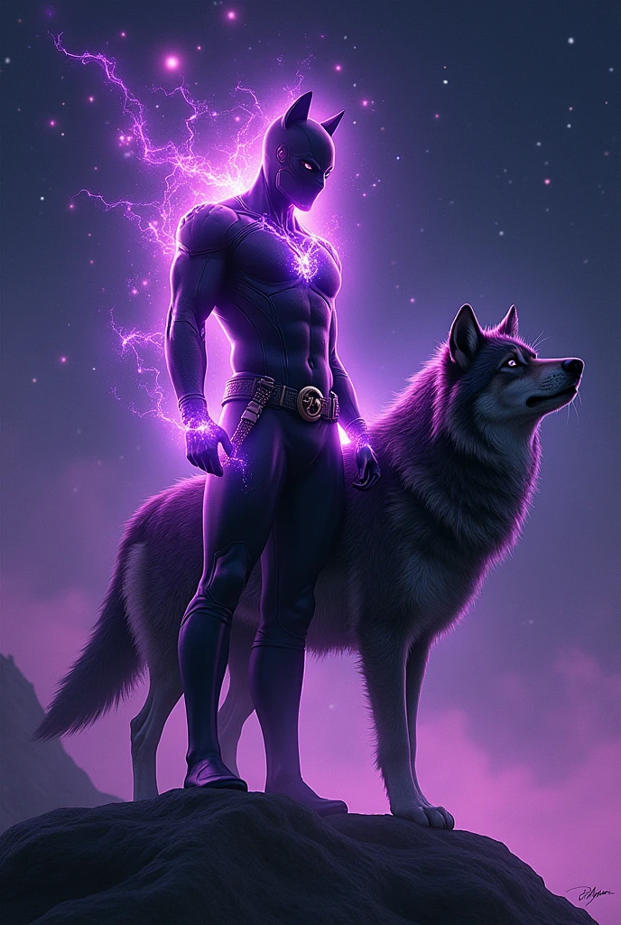 Gambit with purple glow and a wolf with a black star background