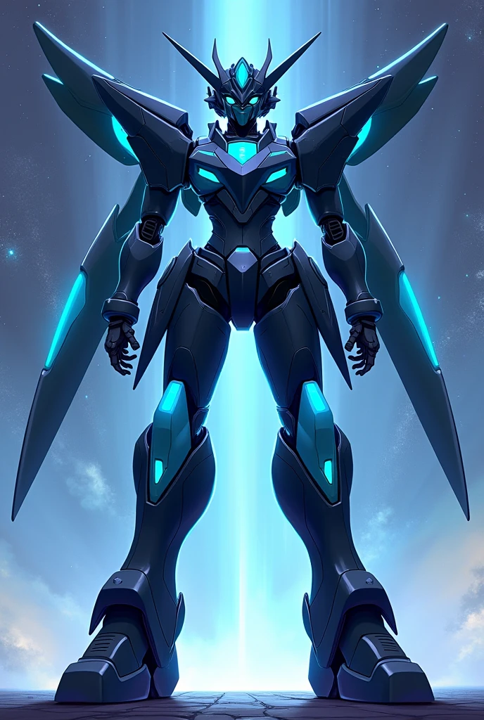 Dark Navy, light blue, Fluorescent Cyan, anime, Giant Robot, Uplifting,Junmin, Full body image of a female super robot, Simple Background,universe, 