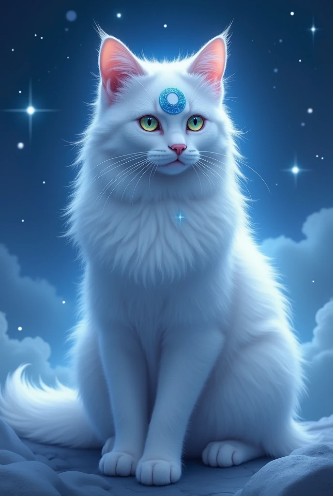 A white cat with a moon on its blue forehead Guardian