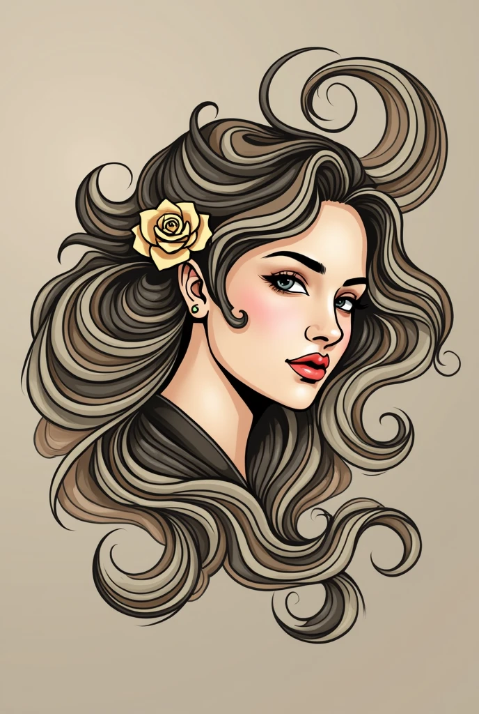 Central Focus - Female Face: The piece would be centered on the face of a stylized woman, with smooth and elegant strokes, inspired by the Art Nouveau style. The face would have an enigmatic and expressive look, with well-defined features, without excesses, like using simple shadows to add depth.
Art Nouveau Fluid Hair: Hair would be one of the main design elements, flowing in soft waves around the face. The lines would be curved and organic, capturing the essence of Art Nouveau. Hair waves can extend around the image, creating a natural and decorative movement without complicating the design.
Addition of a Simple Element: A small symbolic element, like a single rose or a simple jewel, could be added to the side of the face or in the hair, maintaining the neo-traditional aesthetic with clear and bold lines, without introducing too many elements.
Flash Composition: The design would be compact and clear, ideal for fitting into smaller areas, like the forearm or calf, maintaining the classic aesthetic of a flash tattoo.