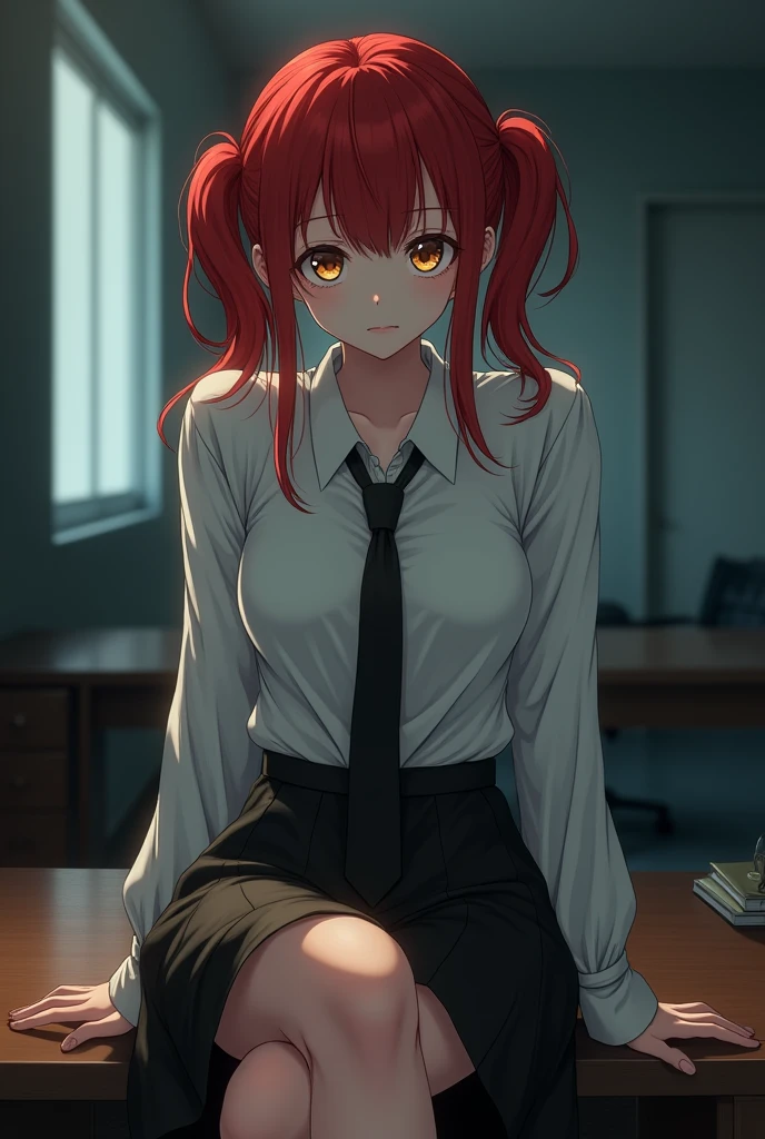 Create the following image: The image shows a young woman with red hair and two pigtails, one on each side of her head, hazel brown eyes and white skin. She is sitting on the edge of a table, with his legs crossed and an evil smile on his face. Wear a white long-sleeved blouse, a black tie and a black skirt. The background is a dark office, and his eyes stand out in the darkness. anime style