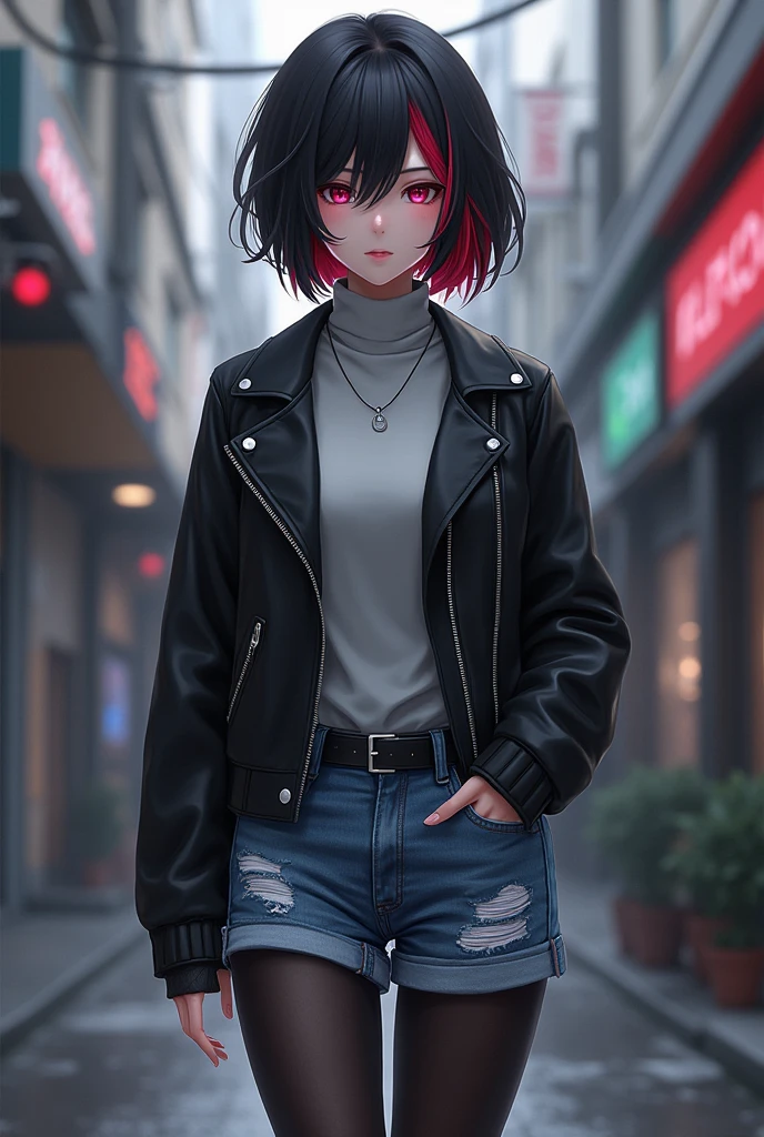 Ran Mitake has short black hair with her short bangs partially tucked beneath her forelocks, one of which is dyed red. She has partially sharp dark pink eyes.
Her casual attire is fairly simple and monotone, befitting her rebellious and tomboyish personality. In her initial outfit, she wears a turtleneck light gray sweater, a black leather jacket, short ripped denim shorts, a black belt around her waist, a pair of black tights and a purple lace up ankle boots. Ran Mitake has an aloof nature, which hides her loneliness from other people. Deep down, she wishes to become closer to others, but can be socially awkward and has a tendency to trip over her words. She can be easily flustered and is somewhat hot-blooded.