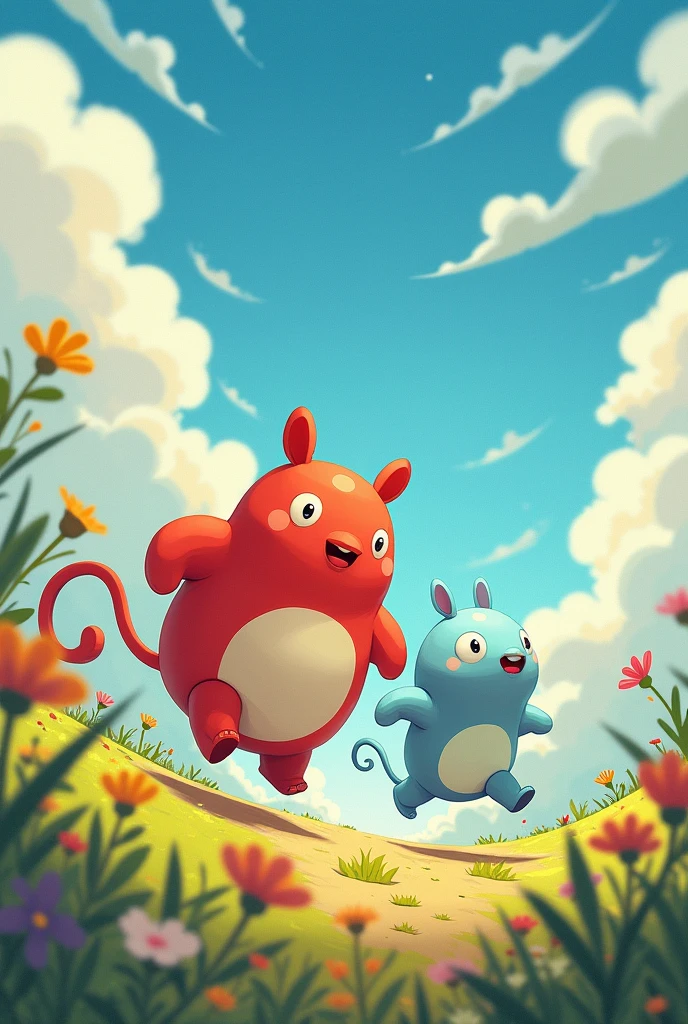 draw and create two cute characters for children, they must be formless non-human beings like studi ghibli . Strength and Movement they are friend adventurers. Strength robust red and Movement light blue, these on a fantastic land of Energyland, it must be cute for kids with running poses