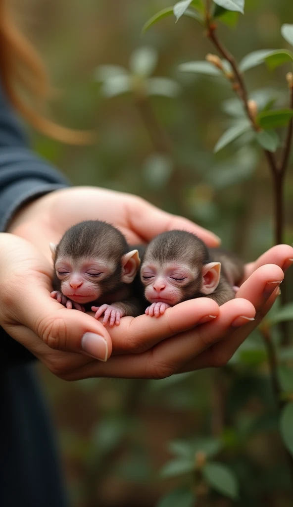 Two adorable  monkeys lie softly on human hands, not holding on to either side, showing off their tiny features and soft fur with warm natural light that illuminates their innocent expressions.  They.   The background has small saplings, creating a cozy and intimate view.