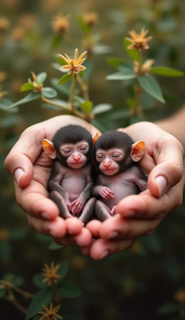 Two adorable newborn monkeys lie softly on human hands, not holding on to either side, showing off their tiny features and soft fur with warm natural light that illuminates their innocent expressions. They. The background has small saplings, creating a cozy and intimate view.