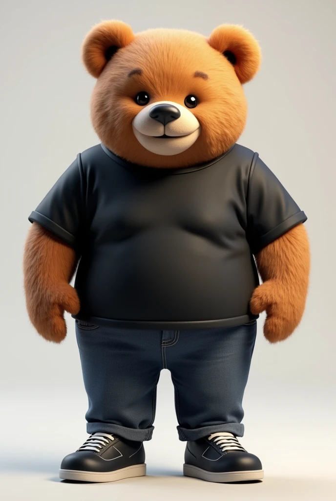 3D illustration of a tall and big, chubby teddy bear dressed in a black shirt and jeans, black sneakers with white details, nerdy, middle-aged, with a wise face and a beautiful smile, in 4K. The illustration should have an adult, sophisticated style, with expressive eyes and arms positioned at the sides of the body.