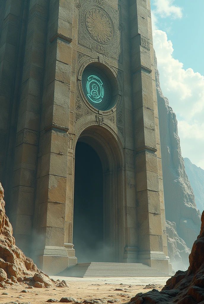 Close-up of one of the most imposing structures, with geometric details in the Druillet style.
The stones are carved with intricate symbols that seem to pulse with an internal energy.. The walls are cracked, as if something inside them was struggling to break free.