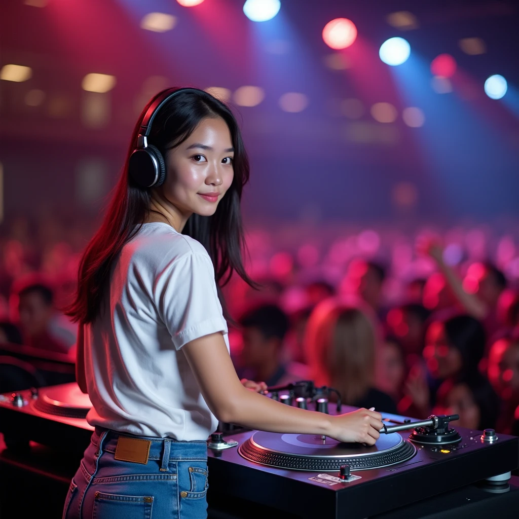 Beautiful young asian girl deejay, in white t-shirt and jeans pants. Playing music with turntable, wearing headphones, at the stage full of crowded viewer, she is looking to camera. Full body sight
