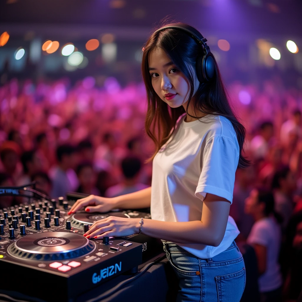 Beautiful young asian girl  deejay, in white t-shirt and jeans pants. Playing music with turntable, wearing headphones, at the stage full of crowded viewer, she is looking to camera. Full body sight