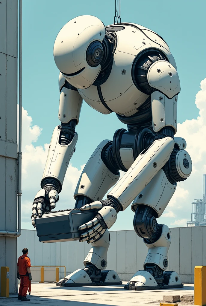 (((best quality))),(((Extremely detailed))),(((masterpiece))),illustration,Robotic Arm,Robotic Arm抓取电池包,Robotic Arm尺寸和人的尺寸一样,accurate,旁边占一个工作人员看着Robotic Arm工作