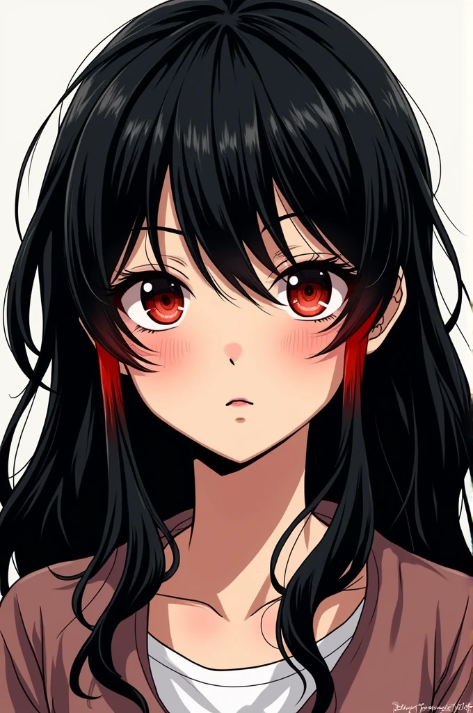 Manga style girl with black wavy hair with her two front locks with the tips painted red