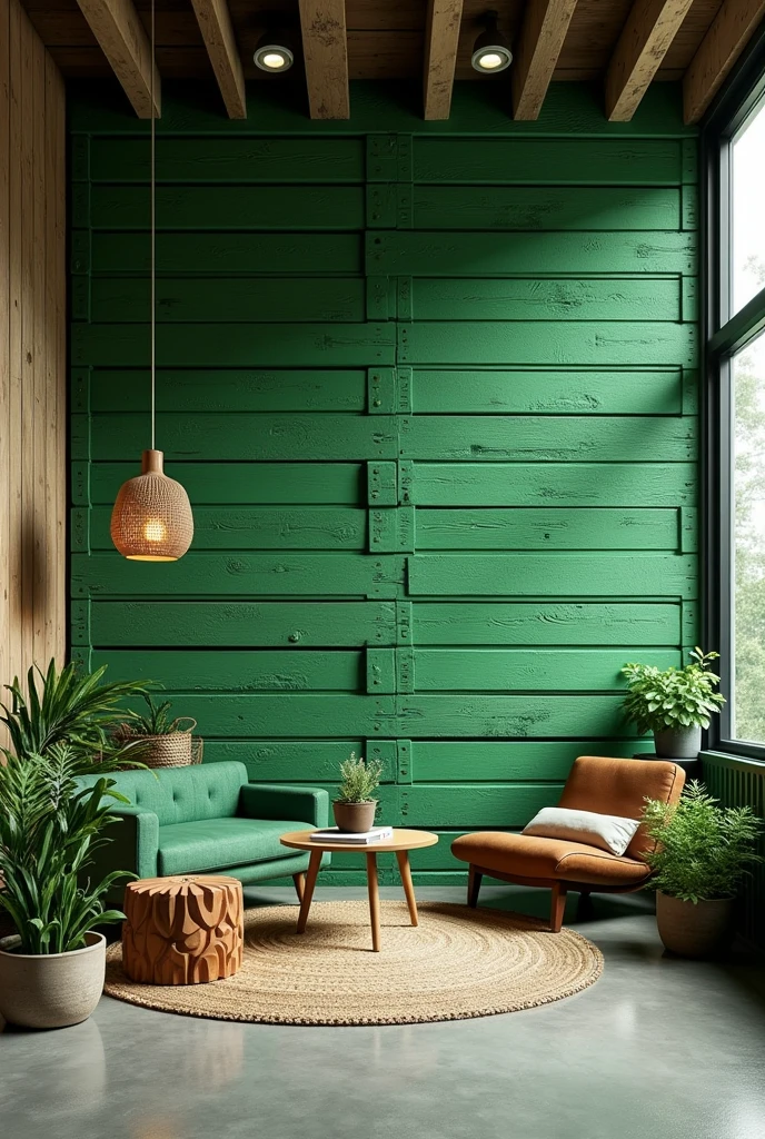 Green pallet wall , green recycle theme, lamp highlight, creative and innovative decoration 
