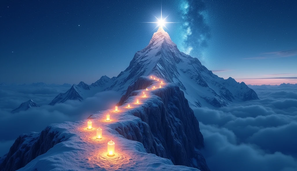 Picture a majestic mountain under a starry sky, with a path lit by lanterns along the trail. At the top of the mountain is a large, bright star, symbolizing success. Each lantern along the path is symbolic of challenges and achievements, and the surrounding stars reflect continued effort and determination.