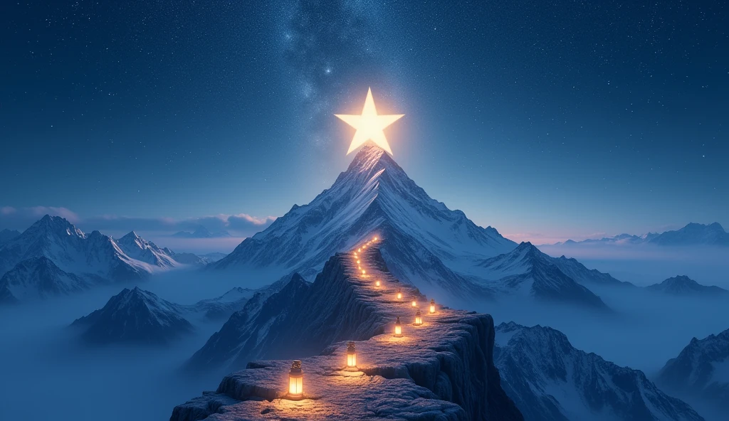 Picture a majestic mountain under a starry sky, with a path lit by lanterns along the trail. At the top of the mountain is a large, bright star, symbolizing success. Each lantern along the path is symbolic of challenges and achievements, and the surrounding stars reflect continued effort and determination.