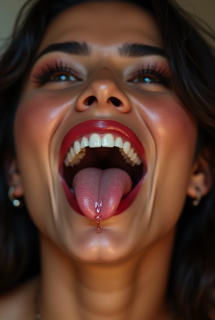 Zoom sur visage Femme 28 ans latine, tres sexy nue sexy salope regard de chienne en chaleur
Tire la langue, filet de bave blanc, yeux révulsés en arrière, Ahegao