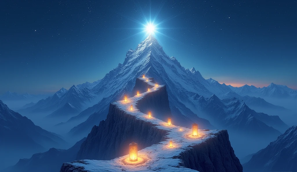 Picture a majestic mountain under a starry sky, with a path lit by lanterns along the trail. At the top of the mountain is a large, bright star, symbolizing success. Each lantern along the path is symbolic of challenges and achievements, and the surrounding stars reflect continued effort and determination.