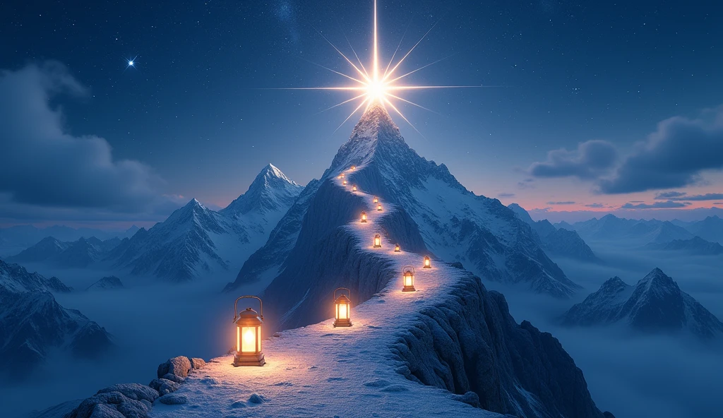 Picture a majestic mountain under a starry sky, with a path lit by lanterns along the trail. At the top of the mountain is a large, bright star, symbolizing success. Each lantern along the path is symbolic of challenges and achievements, and the surrounding stars reflect continued effort and determination.