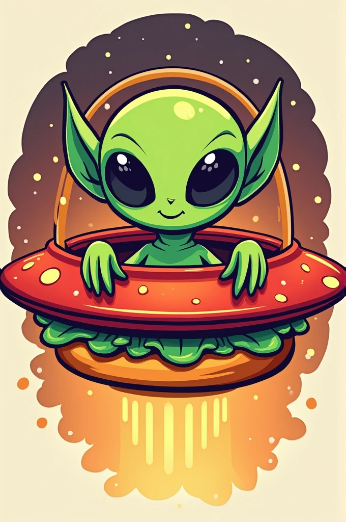 A logo for a hamburgers business called "Looney Burguers". The main element is friendly extraterrestrial being with with. The being is inside an UFO-shaped spaceship that is a hamburger. The text "Looney Burguers" is written on the spaceship. There is not background