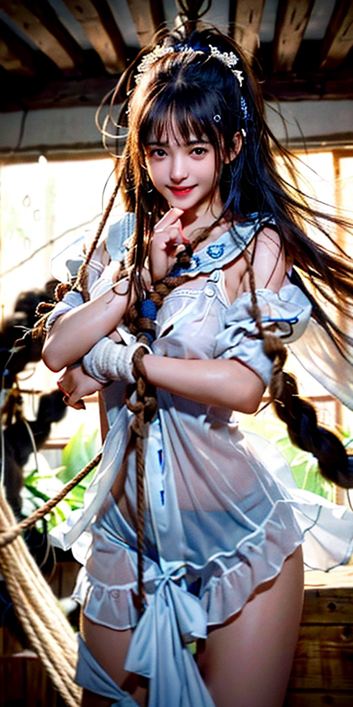photo, realistic, elf, beautiful girl, swordsman, short stature, full body, crystal clear white skin, small breasts, small ass, bikini armor without strings, lustrous black hair, brown pupils, black big eyes, ponytail, invincible smile, wet and see-through, looking up from below , pink feather robe, open legs, jumping, --auto --s2