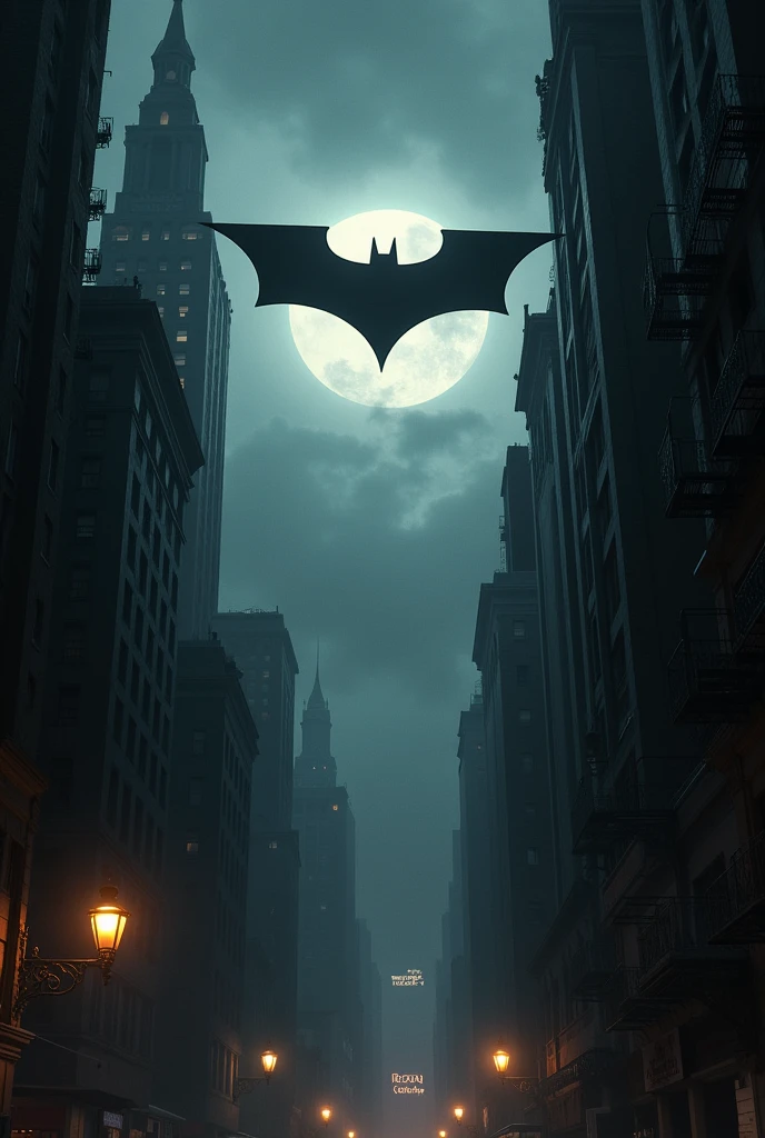 Gotham type city with a batman style light signal sign that says: along with