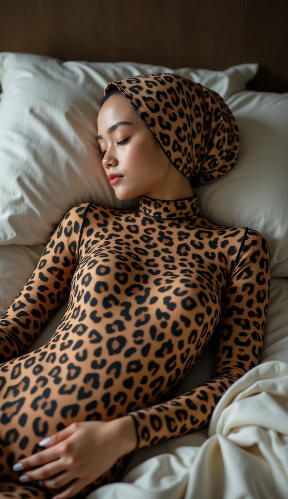 The most beautiful,thin,most pretty and clever Malaysian muslimah adult girl wears ocelot print lycra turtleneck unitard catsuit covered with many spots.She always wear ocelot print lycra dancewear stretchy square hijab covered with many spots.She sleeps on the bed like a catnap.