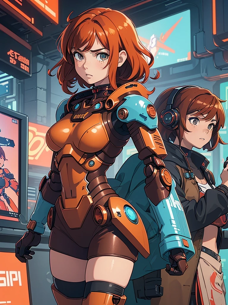 (masterpiece), (best quality), ((one girl)),(( red copper hair)),(brown eyes),short hair, curly hair, anime style, freckles, (small breast), (petite figure), legs,((cyberpunk mecha outfit)), (blue mecha armor)),(almond eyes) ,( tan skin)