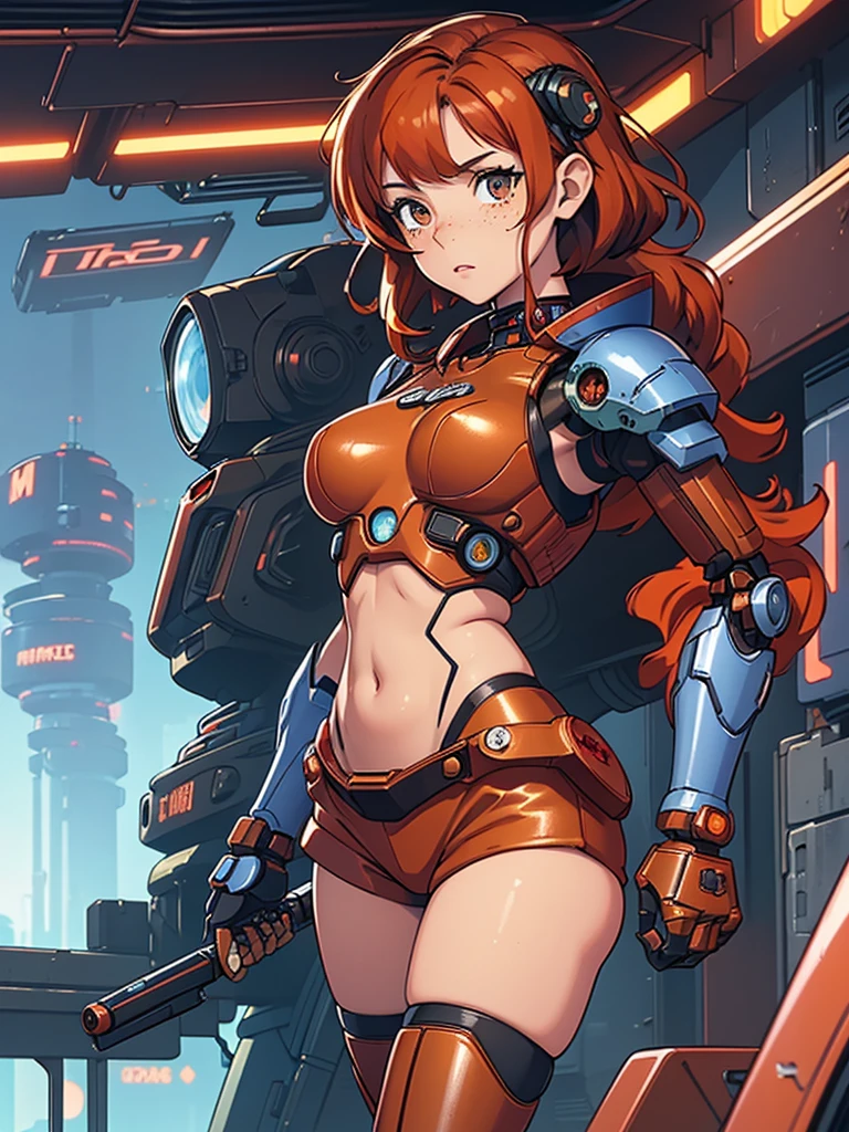(masterpiece), (best quality), ((one girl)),(( red copper hair)),(brown eyes),short hair, curly hair, anime style, freckles, (small breast), (petite figure), legs,((cyberpunk mecha outfit)), (blue mecha armor)),(almond eyes) ,( tan skin)