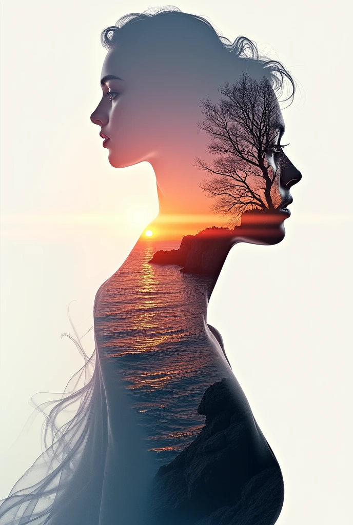 high quality, 8K Ultra HD, A beautiful double exposure that combines an goddess silhouette with sunset coast, sunset coast should serve as the underlying backdrop, with its details incorporated into the goddess , crisp lines, The background is monochrome, sharp focus, double exposure, by yukisakura, awesome full color,