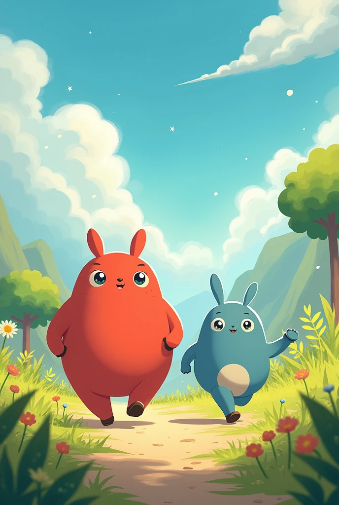 draw and create two cute characters for children, they must be formless non-human beings like studio ghibli . Strength and Movement they are friend adventurers. Strength robust red and Movement light blue, these on a fantastic land of Energyland, it must be cute for kids with running poses