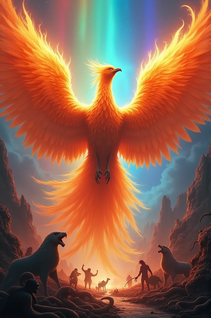 A giant phoenix in the center of the image with a rainbow colored background surrounded by other animals while confronted by snakes and other monsters on the ground