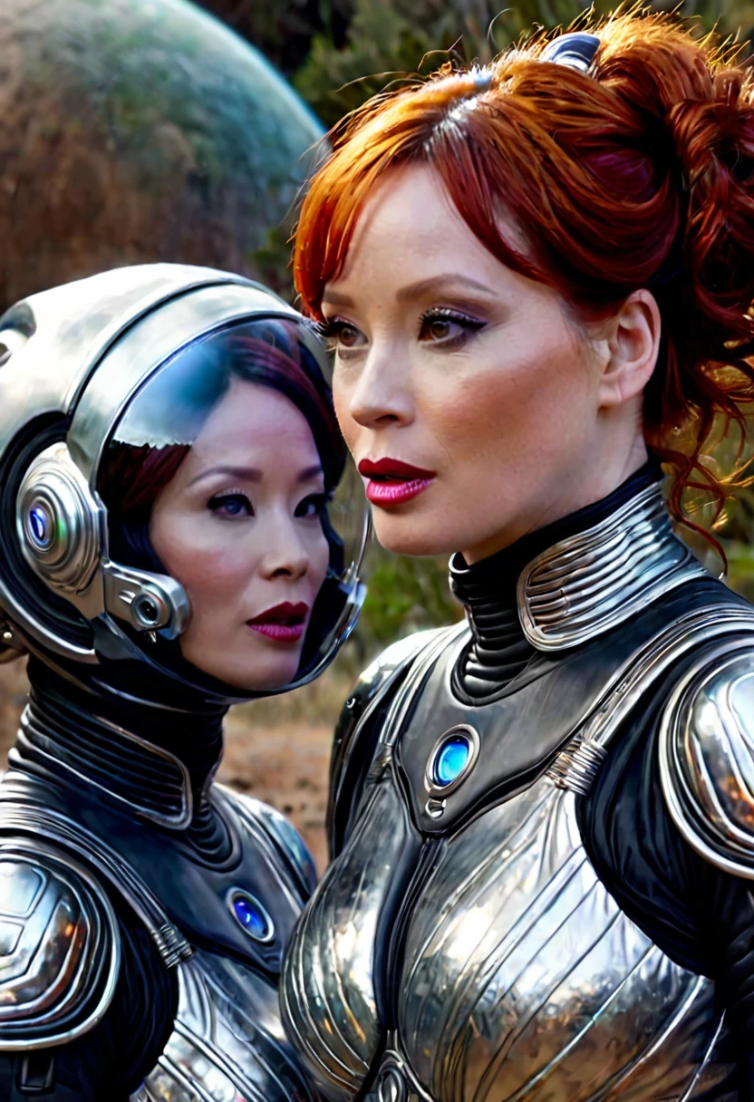 A highly detailed, photorealistic painting of Christina Rene Hendricks wearing a sexy sci-fi space suit, sci-fi make-up, with silver highlights in her hair, surprised on an alien world, alongside Lucy Liu wearing a sexy alien costume with alien contacts and antennae, is greeting Christina on an alien world , 8k, hyper detailed, cinematic lighting, dramatic composition, vibrant colors, masterpiece, award-winning digital art