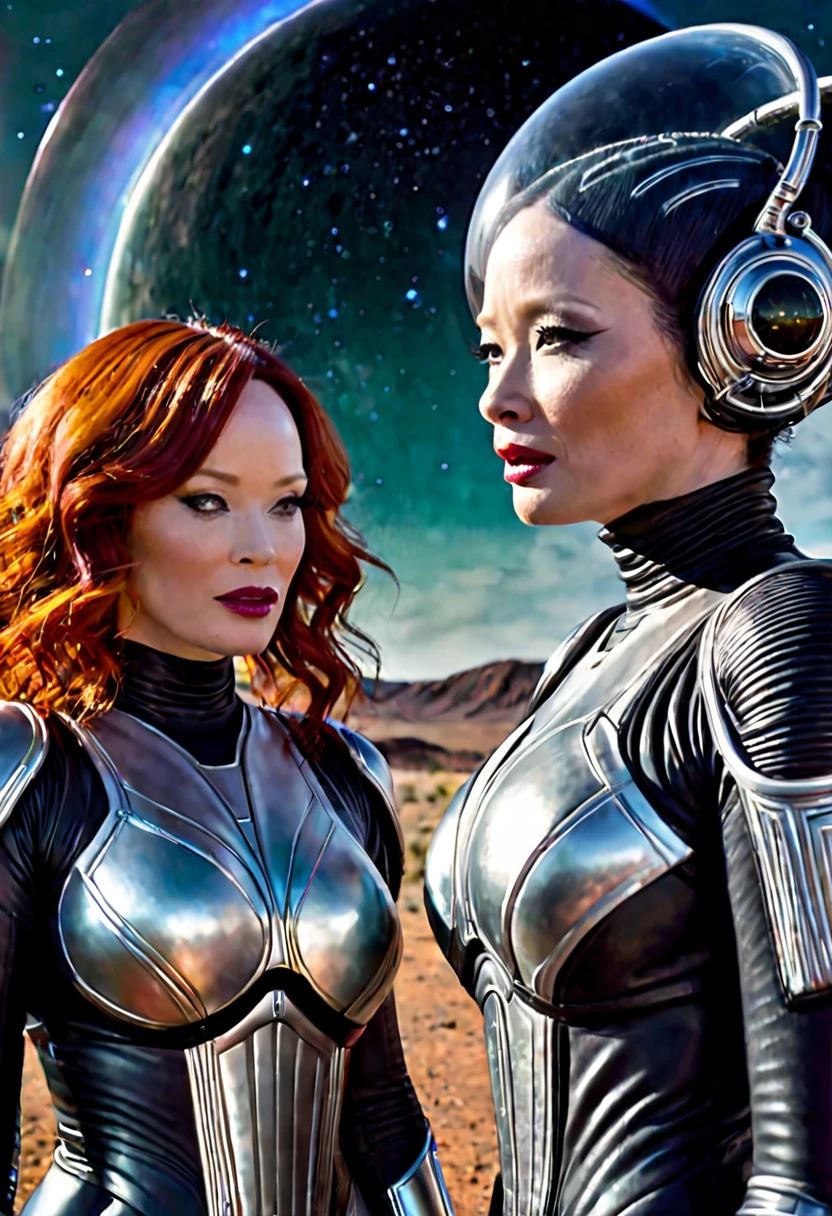 A highly detailed, photorealistic painting of Christina Rene Hendricks wearing a sexy sci-fi space suit, sci-fi make-up, with silver highlights in her hair, surprised on an alien world, alongside Lucy Liu wearing a sexy alien costume with alien contacts and antennae, is greeting Christina on an alien world , 8k, hyper detailed, cinematic lighting, dramatic composition, vibrant colors, masterpiece, award-winning digital art