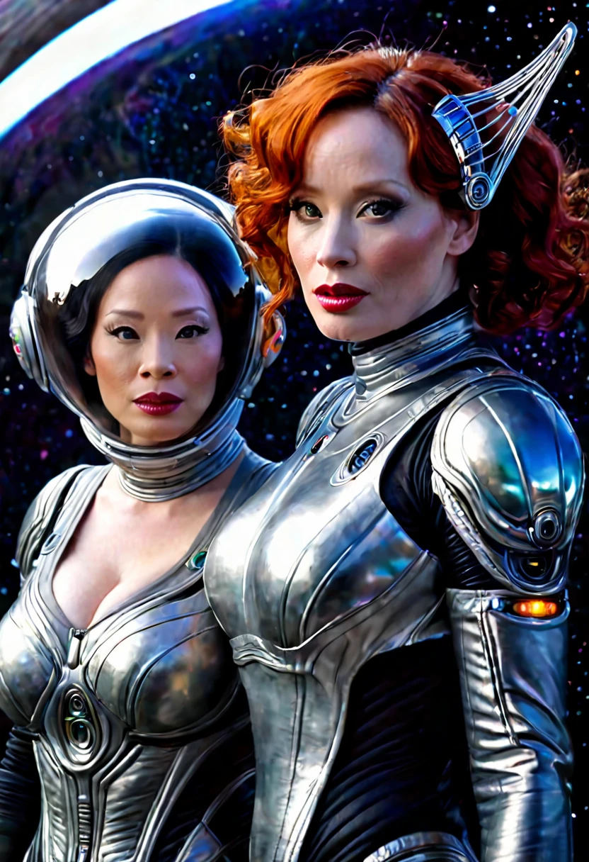 A highly detailed, photorealistic painting of Christina Rene Hendricks wearing a sexy sci-fi space suit, sci-fi make-up, with silver highlights in her hair, surprised on an alien world, alongside Lucy Liu wearing a sexy alien costume with alien contacts and antennae, is greeting Christina on an alien world , 8k, hyper detailed, cinematic lighting, dramatic composition, vibrant colors, masterpiece, award-winning digital art