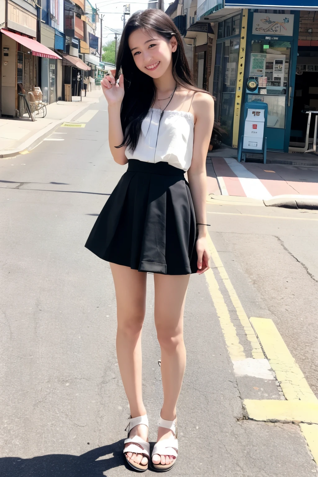 Standing on the street in an empty town、young、Long black hair、Cute face like an idol、Summer clothes、miling、Full body portrait