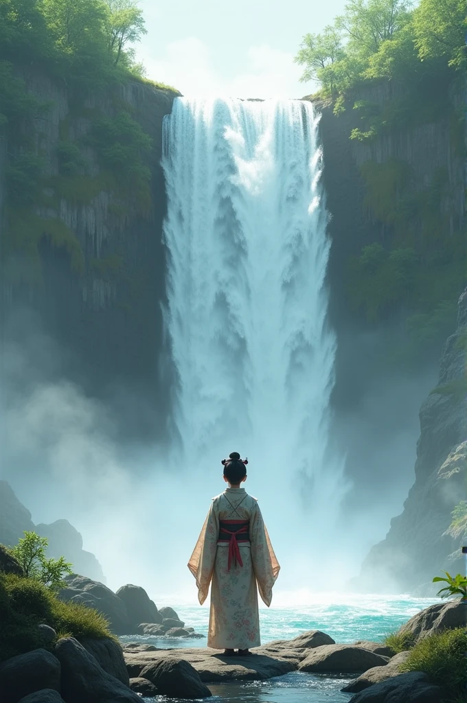 An apprentice, with Kimono,standing in front of a waterfall. 