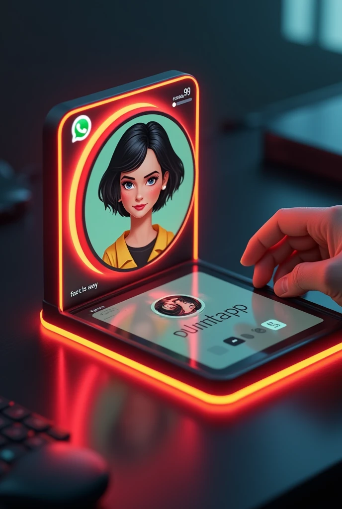 Create a glass id card of a WhatsApp profile on a black desk showing the WhatsApp logo, create a 3D illustration of a young Latina with short hair, You should wear a modern blouse. The photo of the girl in a circle and the phrase "Fast is easy" written in black below the profile picture and 99 written messages, WhatsApp card glows red and yellow on the edge. In one corner is the one held with two fingers.