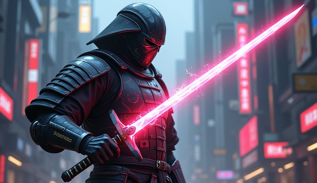 A samurai with an electric sword and masked face
