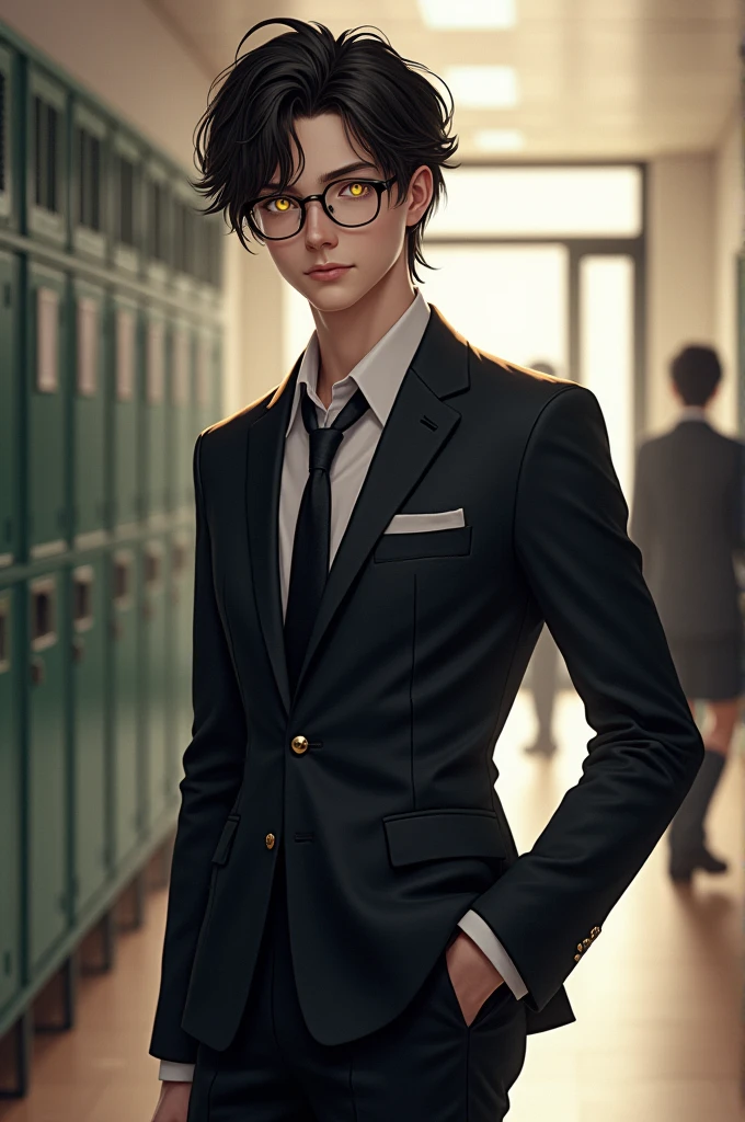 Kit Conor with yellow eyes dressed in a stylish school uniform inside a high school