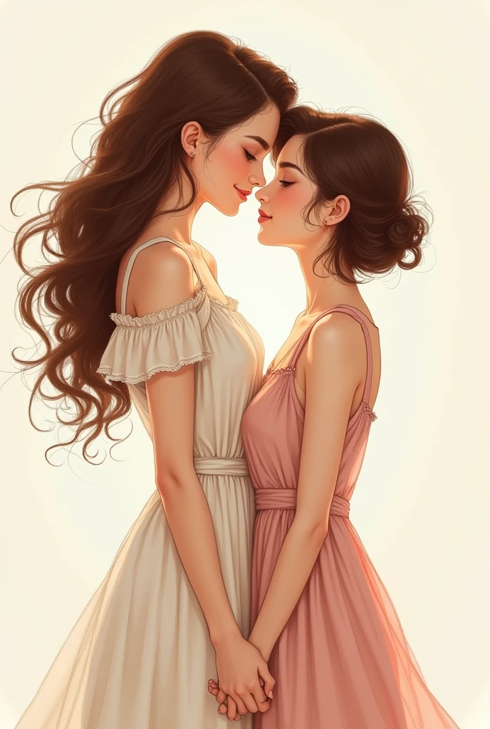 NOW CREATE A DRAWING OF 2 girls, one of them is tall with brown hair that reaches her back and has wavy hair and white skin, and the other is a little shorter than the other, reaching her chin, she has skin that is a little less white, with short brown hair that reaches her neck and its tips are upwards. ,    that the two are hand in hand and very much in love , Remember that both are women
