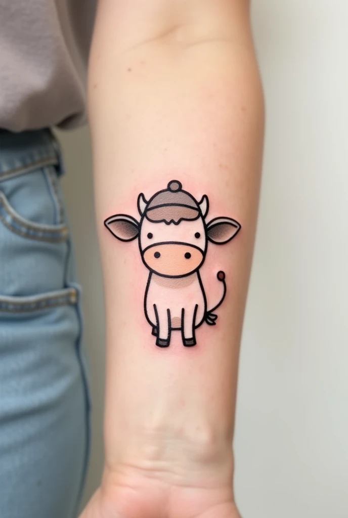 Minimalist tattoo of a cow with a cap, female 
