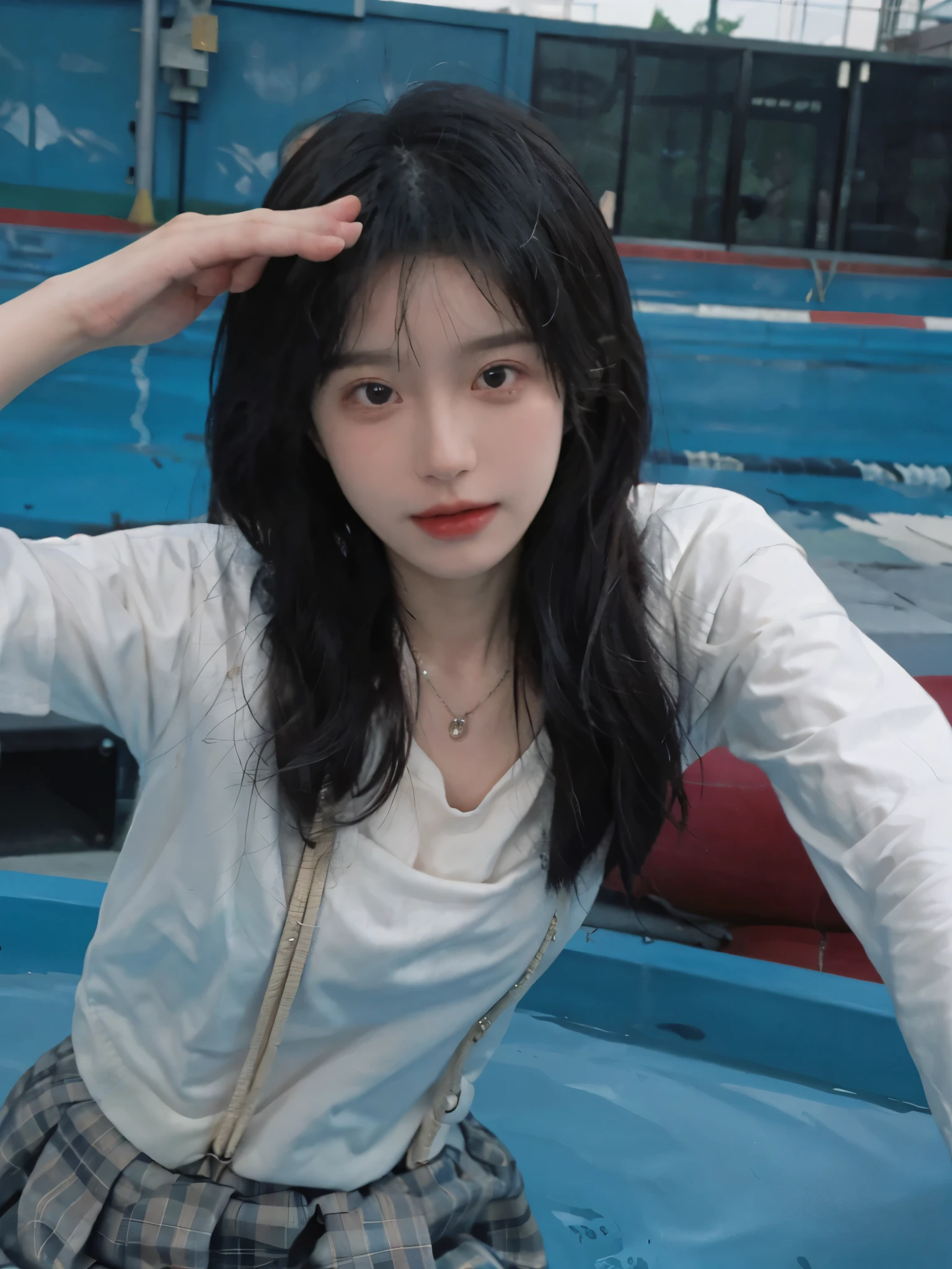 Best quality，Ultra-high resolution,(Realism:1.4)，cute，cute发夹，girll,dress，Hip skirt，Look directly at the audience，Full of atmosphere，Beautiful woman with a slim figure:1.4，swimming pool，whole body，Super delicate face，Exquisite eyes，Double eyelids，necklace
