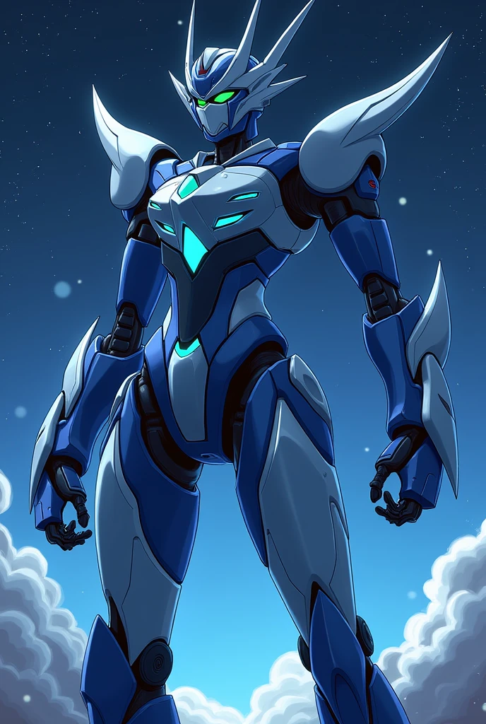 Dark Navy, light blue, White, Fluorescent Cyan, anime, Giant Robot, Uplifting,Junmin, A full-body image of a simple female super robot, Simple Background,universe,