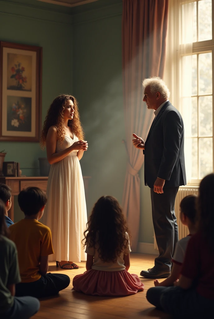 There were some young students sitting on the floor of a room, standing, facing them, they heard a brunette woman, already mature, with long curly hair, speak with authority and delicacy, This woman was wearing a beautiful long dress, Near one of the windows, on the right side of the woman there was a mature man, also facing young people, leaning against the window.
