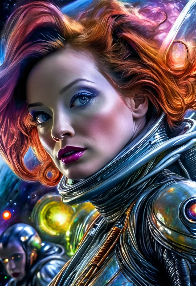 A highly detailed, photorealistic painting of Christina Rene Hendricks wearing a sexy sci-fi space suit, sci-fi make-up, with silver highlights in her hair, surprised on an alien world, alongside Lucy Liu wearing a sexy alien costume with alien contacts and antennae, is greeting Christina on an alien world , 8k, hyper detailed, cinematic lighting, dramatic composition, vibrant colors, masterpiece, award-winning digital art
