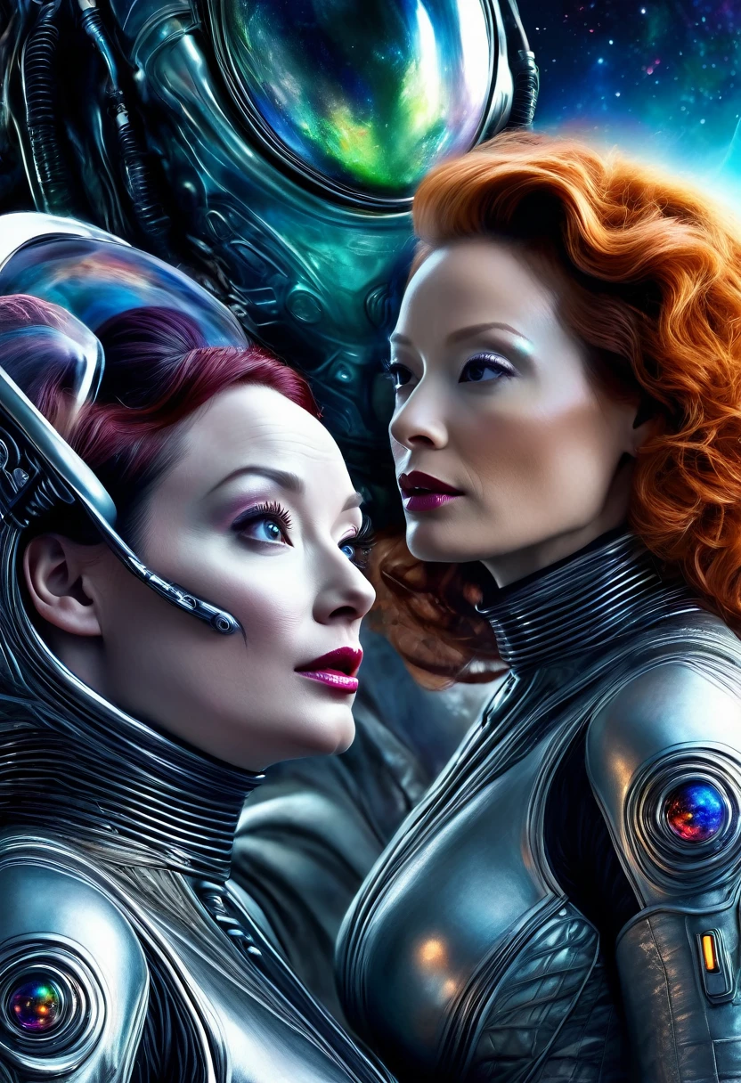 A highly detailed, photorealistic painting of Christina Rene Hendricks wearing a sexy sci-fi space suit, sci-fi make-up, with silver highlights in her hair, surprised on an alien world, alongside Lucy Liu wearing a sexy alien costume with alien contacts and antennae, is greeting Christina on an alien world , 8k, hyper detailed, cinematic lighting, dramatic composition, vibrant colors, masterpiece, award-winning digital art
