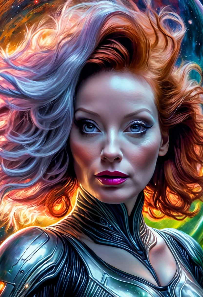 A highly detailed, photorealistic painting of Christina Rene Hendricks wearing a sexy sci-fi space suit, sci-fi make-up, with silver highlights in her hair, surprised on an alien world, alongside Lucy Liu wearing a sexy alien costume with alien contacts and antennae, is greeting Christina on an alien world , 8k, hyper detailed, cinematic lighting, dramatic composition, vibrant colors, masterpiece, award-winning digital art
