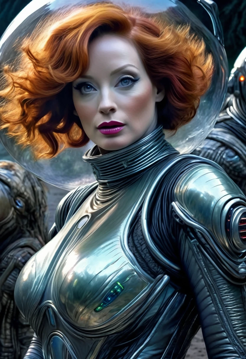 A highly detailed, photorealistic painting of Christina Rene Hendricks wearing a sexy sci-fi space suit, sci-fi make-up, with silver highlights in her hair, surprised on an alien world, alongside Lucy Liu wearing a sexy alien costume with alien contacts and antennae, is greeting Christina on an alien world , 8k, hyper detailed, cinematic lighting, dramatic composition, vibrant colors, masterpiece, award-winning digital art
