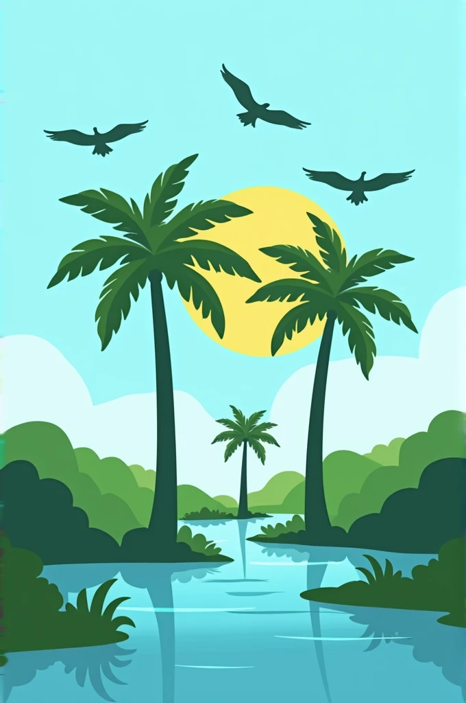 Minimalist and colorful logo for social media profile with three buriti palm trees (Mauritia Flexuosa) in the swamp, with the sun shining brightly in the blue sky, with vultures flying overhead in the distance in the sky.