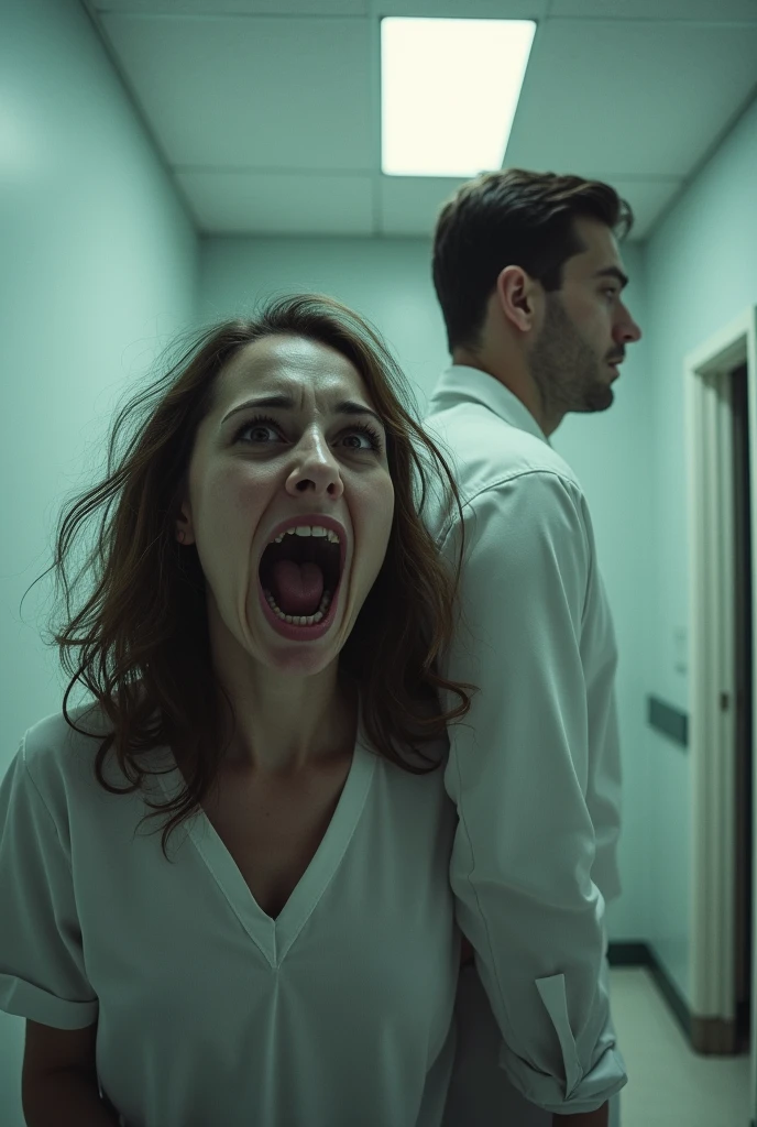 Woman with a crazy face next to a sane man,  inside a neuropsychiatric hospital 