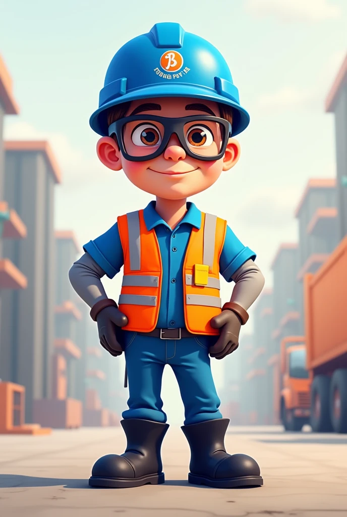 Cartoon of a worker wearing personal protective equipment with black boots, blue helmet, Orange vest with reflective tapes, Long sleeve polo with reflective tape and lead, Blue pants, Goggles and gloves. The company logo must be on the helmet. "TRANSPORTES BARcINO S.A.c."